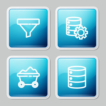 Set line Sales funnel, Server and gear, Coal mine trolley and Server, Data, Web Hosting icon. Vector