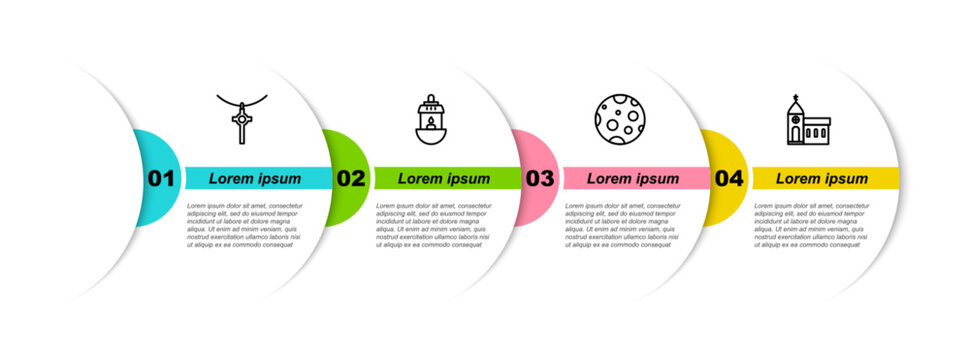 Set line Christian cross on chain, Ramadan Kareem lantern, Moon and Church building. Business infographic template. Vector
