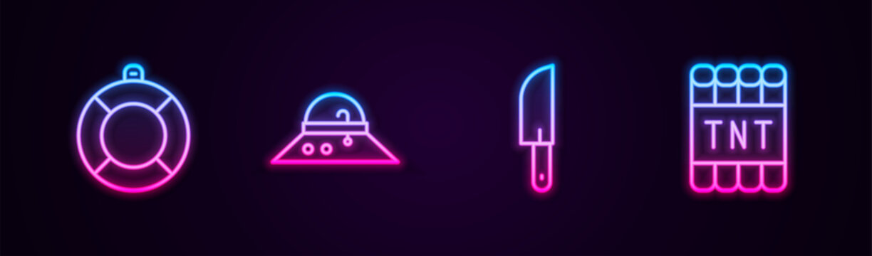 Set line Lifebuoy, Fisherman hat, Knife and Detonate dynamite bomb stick. Glowing neon icon. Vector