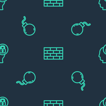 Set line Firewall, security wall, Bomb ready to explode and Human head with lock on seamless pattern. Vector