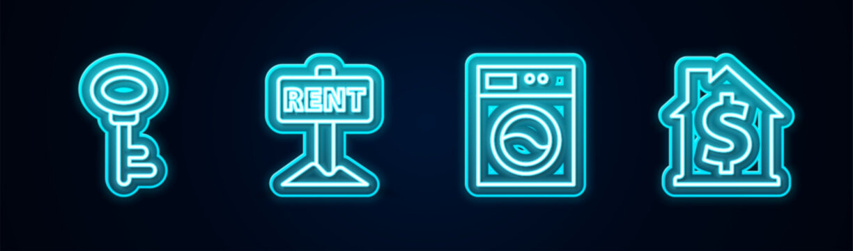 Set line House key, Hanging sign with Rent, Washer and dollar symbol. Glowing neon icon. Vector