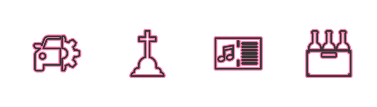 Set line Car service, Music book with note, Tombstone cross and Bottles of wine in box icon. Vector