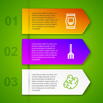 Set line Fertilizer bag, Garden pitchfork, Potato and Full sack. Business infographic template. Vector