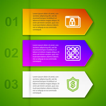 Set line Secure your site with HTTPS, SSL, Graphic password protection, Shield dollar and Folder and lock. Business infographic template. Vector