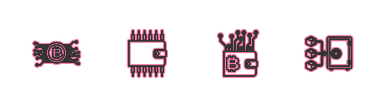 Set line Cryptocurrency bitcoin in circuit, wallet, and Proof of stake icon. Vector