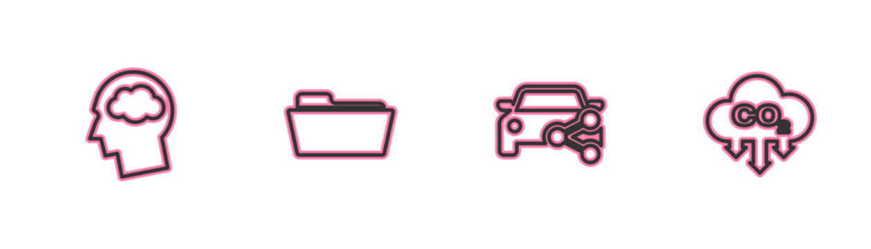 Set line Head silhouette with cloud, Car sharing, Folder and CO2 emissions icon. Vector