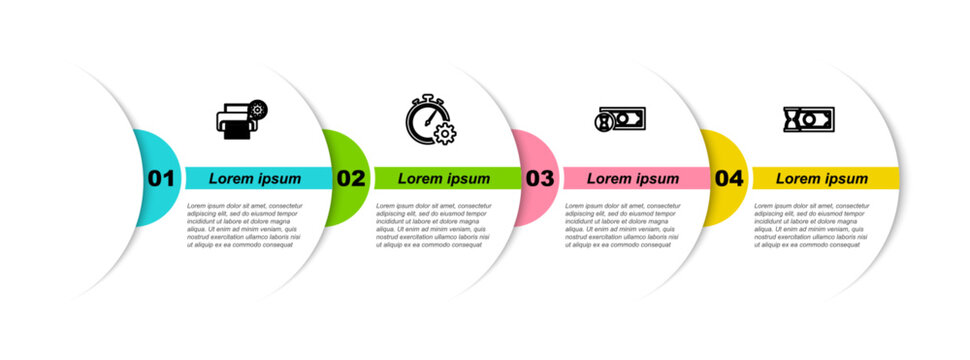 Set line Printer setting, Time management, Fast payments and . Business infographic template. Vector