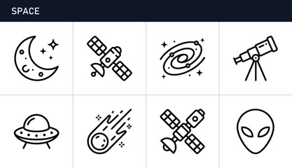 Space icons set with moon, satellite, galaxy, telescope, UFO, comet and alien head © Sujon