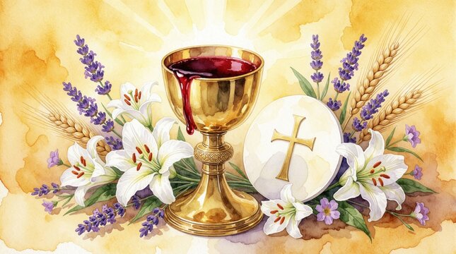 Watercolor illustration of Corpus Christi with golden chalice filled red wine. White communion host with gold cross sits near lilies, lavender flowers. Wheat ears, sun rays decorate sacred eucharist