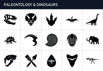 Paleontology and dinosaur fossil silhouettes set with skulls, footprints, and bones for science and history © Nilufa