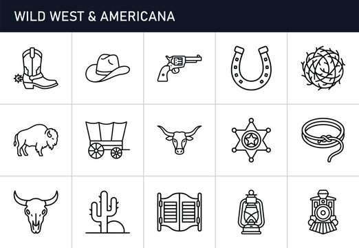 Wild West icons set with cowboy boot, hat, gun, horseshoe, lasso, sheriff badge, bison, wagon, bull skull, cactus, saloon doors, lantern and train