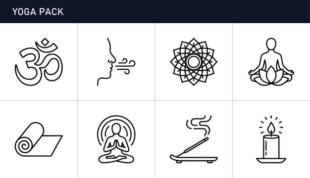 Yoga and meditation icons set with Om symbol, lotus, incense and candle for wellness