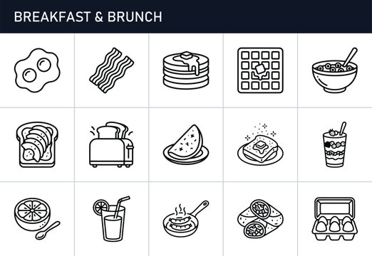Breakfast and brunch icons set with food and drinks for menu, app and web