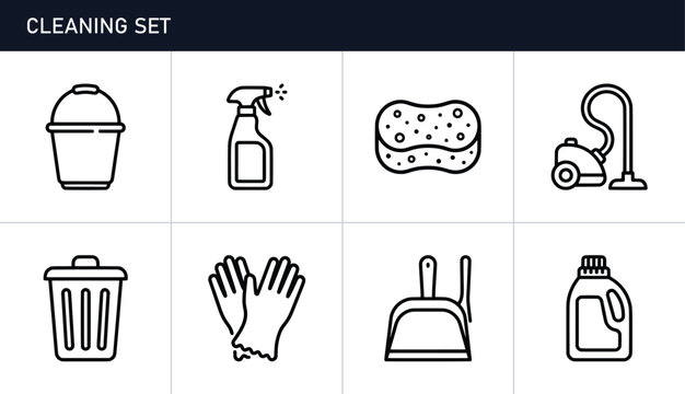 Cleaning supplies line icon set with bucket, spray bottle and vacuum cleaner for hygiene