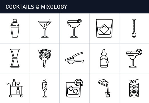 Cocktail making tools and drinks set, bar equipment and beverages for mixology