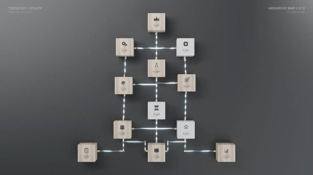 Minimalist corporate organizational chart with wooden blocks on dark mat