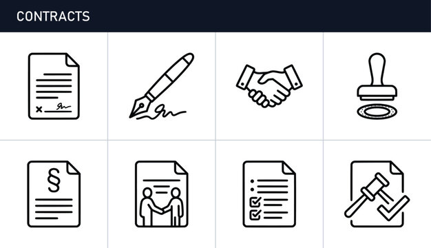 Contracts icons set with document, pen, handshake and gavel for business, law and signing