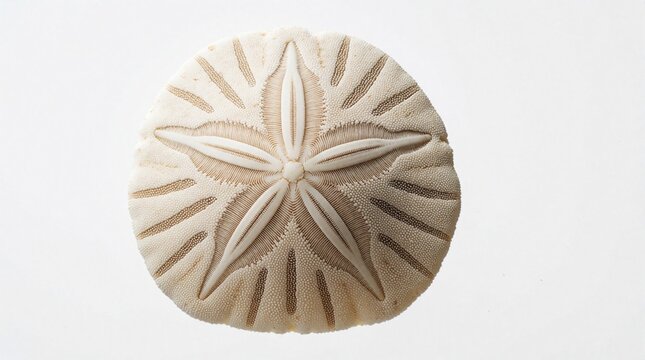 Sand dollar shell with five star grooves isolated on white background. Natural seashell shows organic symmetric pattern, textured surface. Marine organism skeleton from ocean beach perfect for