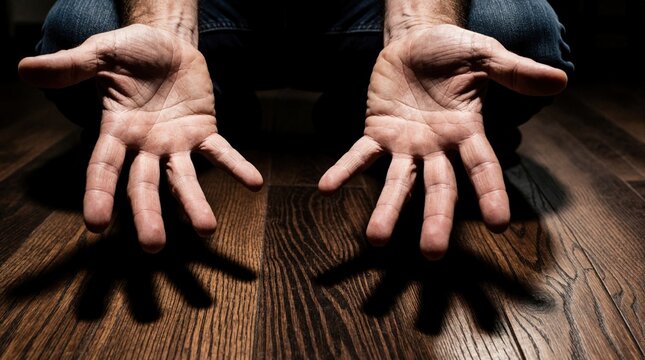 Man shows open palms up on wooden floor. Male hands with spread fingers create shadows on dark wood surface. Person in blue jeans sits on ground, making gesture of surrender, begging feeling hopeless