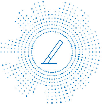 Blue line Medical surgery scalpel tool icon isolated on white background. Medical instrument. Abstract circle random dots. Vector