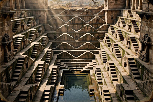 Ancient stepwell with symmetrical stone stairs and geometric patterns, historic sandstone architecture of a deep water well with sunbeams