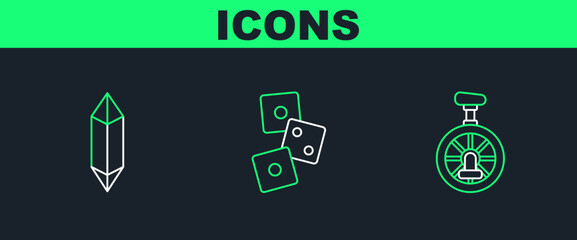 Set line Unicycle or one wheel bicycle, Magic stone and Game dice icon. Vector © Oksana