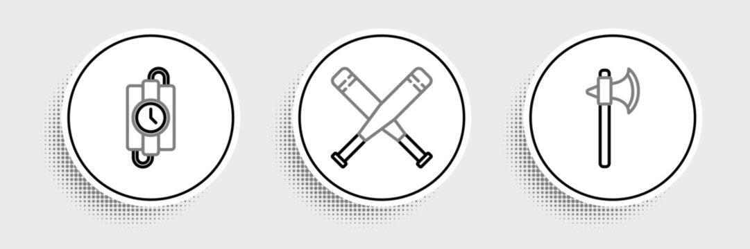 Set line Medieval axe, dynamite stick and timer clock and Crossed baseball bat icon. Vector
