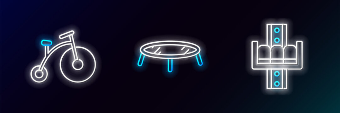 Set line Attraction carousel, Vintage bicycle with one big wheel and one small and Jumping trampoline icon. Glowing neon. Vector