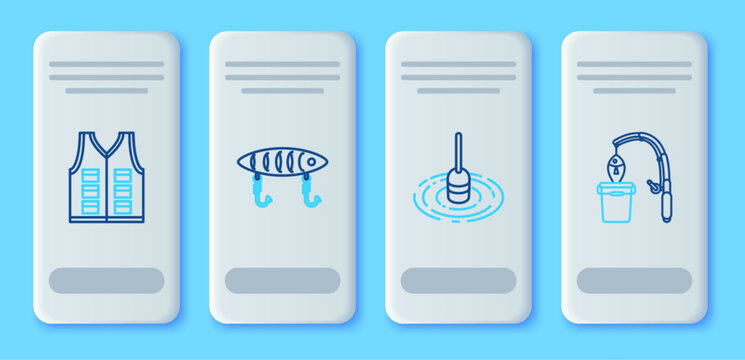 Set line Fishing lure, float water, jacket and rod and fish icon. Vector