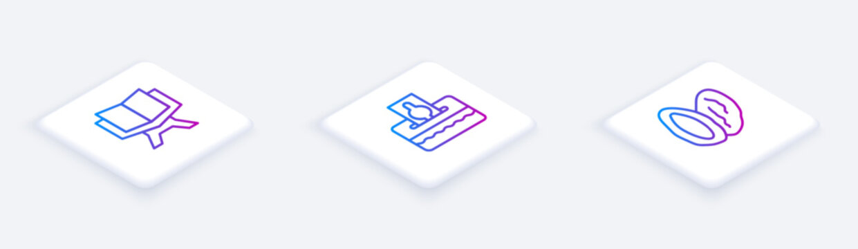 Set Isometric line Holy book of Koran, Donate pay your zakat and Date fruit. White square button. Vector