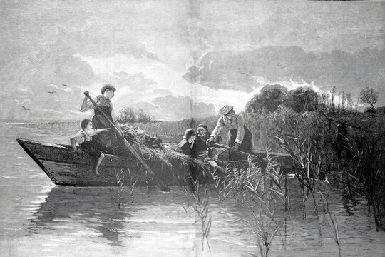 Young couple in folkloric traditional costume in a boat jokingly teased by passing fishermen or from the shore while the boat drifts in the shallow Chiemsee reeds. Motif by Karl Raupp around 1880, Bavaria, Germany, illustration, reproduction from a model from the 19th century. Authentic, file restored for optimal use, exact date of submission unknown, historical