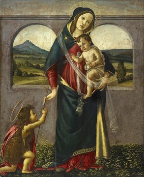 Madonna mit Kind und dem Heiligen Johannes dem T&auml;ufer, Madonna and Child with the Infant Saint John the Baptist, Painting by Sandro Botticelli (1 March 1445, 1510), one of the most important Italian painters and draughtsmen of the early Renaissance, Historic, digitally restored reproduction from an original, Record date not stated