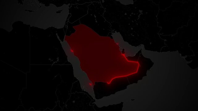 Saudi Arabia Map Glowing Red Border Highlight on Dark World Map Animation