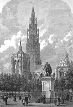 The Groenplaats, place vert, with the statue of Peter Paul Rubens, in the background the Cathedral of Our Lady, 1869, Antwerp, Belgium, Historic, digitally restored reproduction of a 19th century original
