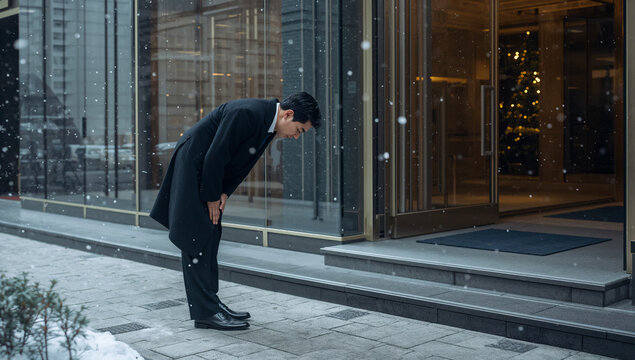 雪のビルの入口で深くお辞儀をする黒いコートの男性
