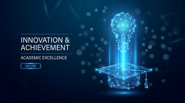 Glowing blue wireframe graduation cap with light bulb rising from it representing digital innovation, academic intelligence, and futuristic education