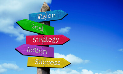 Vision, goal, strategy, action, success - wooden signpost with five arrows, sky with clouds © PX Media