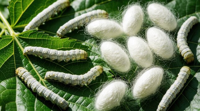 White silk cocoons, silkworms crawl on large green mulberry leaves. Natural life cycle of Bombyx mori shows textile production process. Larvae eat fresh leaves to create soft silk thread for organic