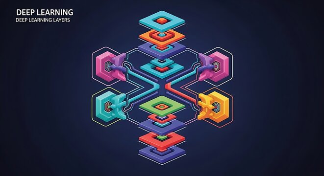 An isometric representation of a deep learning neural network architecture with stacked colorful geometric layers