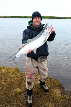 Man fishing for salmon the Egegik river in Alaska. The fighting fish is fun to catch. 
