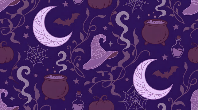 Seamless halloween pattern with moon witch hat and potion