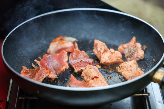 Fresh coho salmon fillet medallions cooking on a hot skillet beside a river in Alaska. The tasty red seafood is cooking outside on the tundra. 