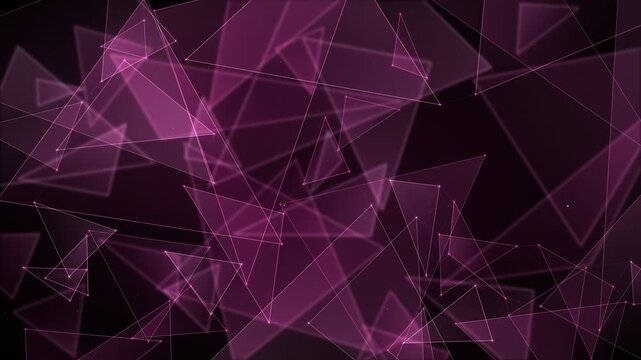 Abstract geometric animation of translucent pink triangles with glowing white lines and dots on a dark background