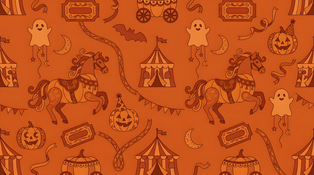 Seamless pattern of spooky halloween circus elements