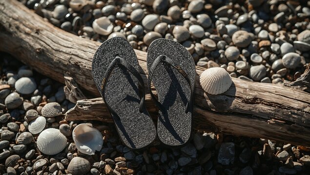 A pair of flip flops resting on a log, possibly used for a beach or outdoor activity