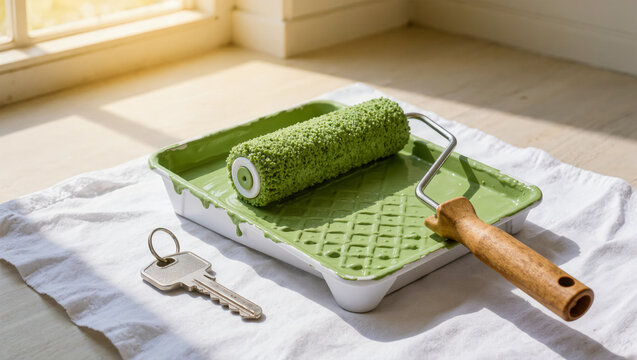 Paint roller and house key on drop cloth for new homeowner