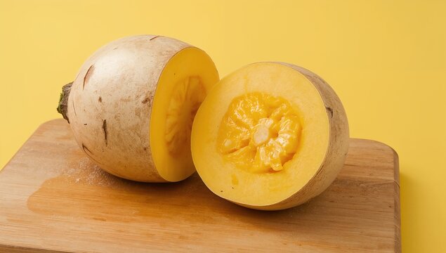Fresh squash cut in half on a wooden cutting board, ready for preparation