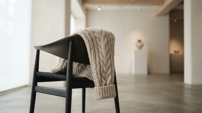Oversized cable knit sweater draped over a chair in a minimalist showroom, folded cuffs and cozy fashion display.