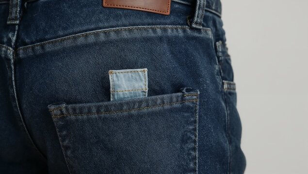 A close up shot of a person's jeans pocket with details of the fabric and stitching