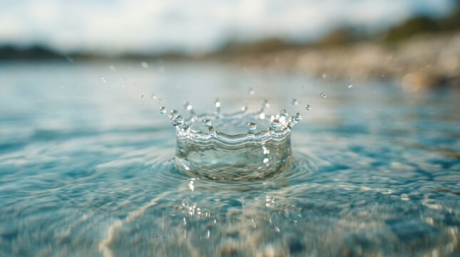 Water drop crown in clear shallow water with sky reflection and sparkling splash points